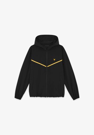 Giacca nera con cappuccio e cerniera, polsini elasticizzati, strisce a chevron gialle e un piccolo logo di un uccellino giallo sul petto.