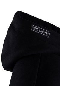 Black hoodie with a soft texture, featuring a logo label "SPITZBUB" on the collar and smooth, clean stitching around the edge.