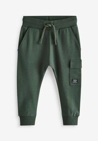 Groene sweatpants van zachte stof, met een geribbelde tailleband, verstelbaar trekkoord, zijzakken en een cargozak met een label.