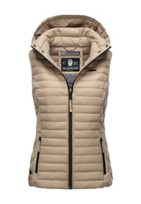 Chaleco acolchado beige con cuello alto y capucha, que cuenta con una cremallera frontal, bolsillos laterales y un diseño acolchado. Etiqueta visible en el interior.