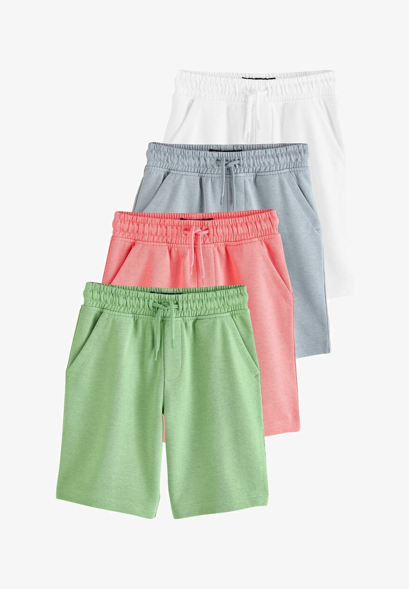 Stak af fire casual shorts i grøn, koral, lysegrå og hvid, hver med elastisk talje og snor.