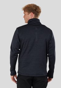 Men's dark gray fleece pullover with a high collar, textured fabric, and a subtle logo on the back. Features a relaxed fit and long sleeves.