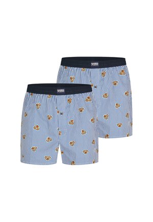 Boxer shorts with a navy waistband, featuring a blue and white striped pattern with small pizza slice graphics throughout.