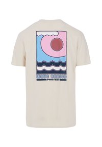 Cream-colored cotton t-shirt with a retro graphic featuring a pink circle, blue waves, and text "WAVE CHASERS PROTEST" on the back.