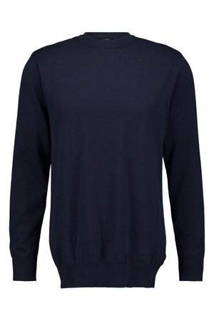 Marine crewneck trui van zacht gebreid materiaal. Lange mouwen, ribgebreide manchetten en onderrand, gladde textuur, geen zichtbare patronen of versieringen.