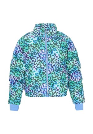 Padded jakna s višebojnim uzorkom leopard u nijansama zelene i plave. Patentni zatvarač sprijeda i plavi rebrasti manžeti.