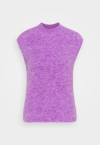 Knitted short-sleeve top in light purple with a high neck, featuring a textured, soft finish and an oversized silhouette.