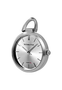 Orologio da tasca in argento con una finitura metallica liscia, quadrante minimalista con indicatori delle ore e un distintivo anello superiore per il fissaggio.