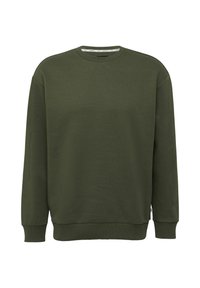 Oliwkowy sweatshirt wykonany z miękkiej tkaniny, z okrągłym dekoltem, długimi rękawami oraz ściągaczami przy mankietach i u dołu, z delikatnym logo na klatce piersiowej.