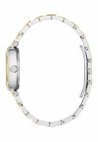 Reloj de metal en tonos plateado y dorado con una esfera ovalada y correa de eslabones. Presenta superficies pulidas y acentos texturizados a lo largo de los bordes.