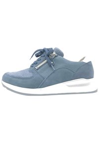 Blue suede sneaker with textured toe, metal zipper accent on the side, cushioned collar, and white rubber sole.