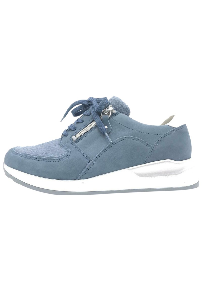 Blue suede sneaker with textured toe, metal zipper accent on the side, cushioned collar, and white rubber sole.