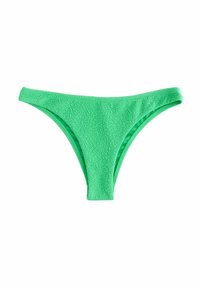 Grön bikiniunderdel med en strukturerad yta, låg midja och mjukt material. Insidan har en slät, kontrasterande nyans av grönt.