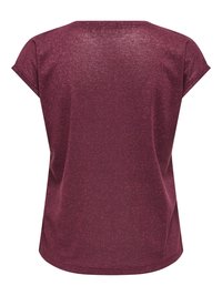 T-shirt à manches courtes pour femme en tissu bordeaux foncé scintillant, présenté de dos avec une coupe décontractée.