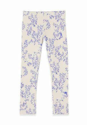 Lysecreme leggings med ribbet tekstur, prydet med et blåt bladmønster overalt. Elastisk talje for komfort og fleksibilitet.