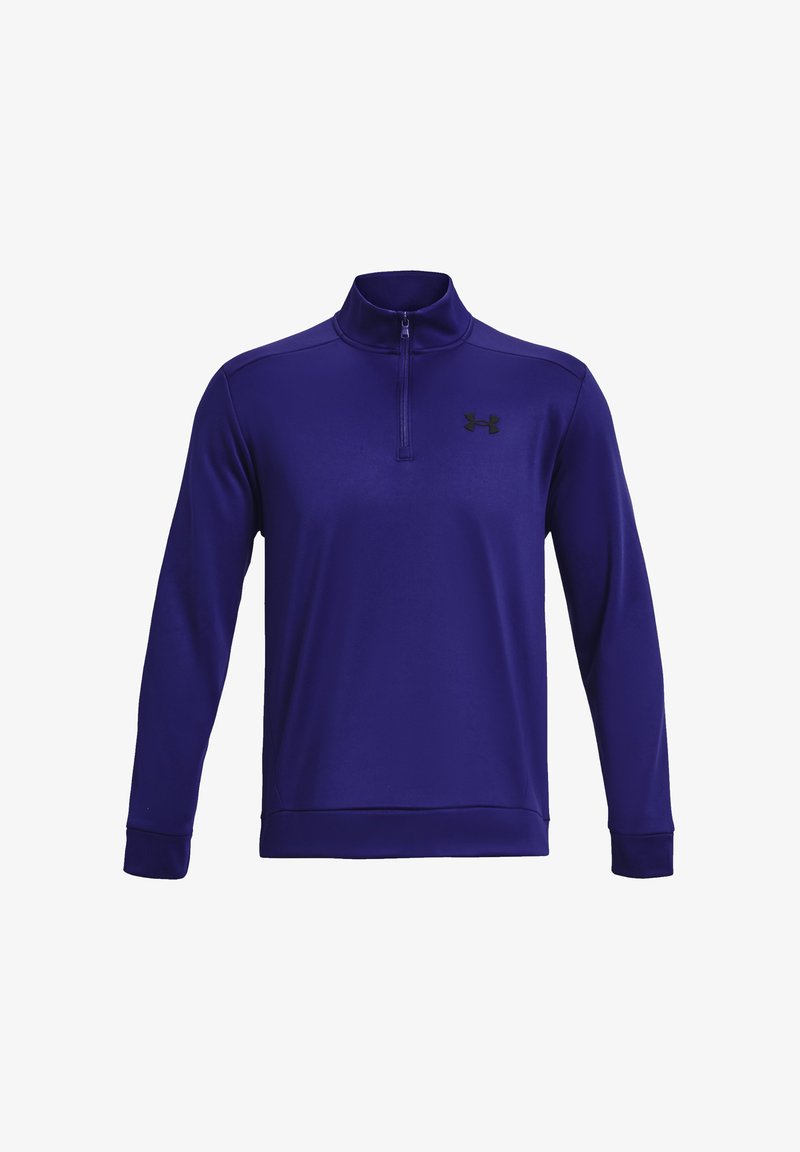 Pullover viola a maniche lunghe con collo a zip quarti, realizzato in tessuto morbido, con un logo nero sul petto e polsini a costine.