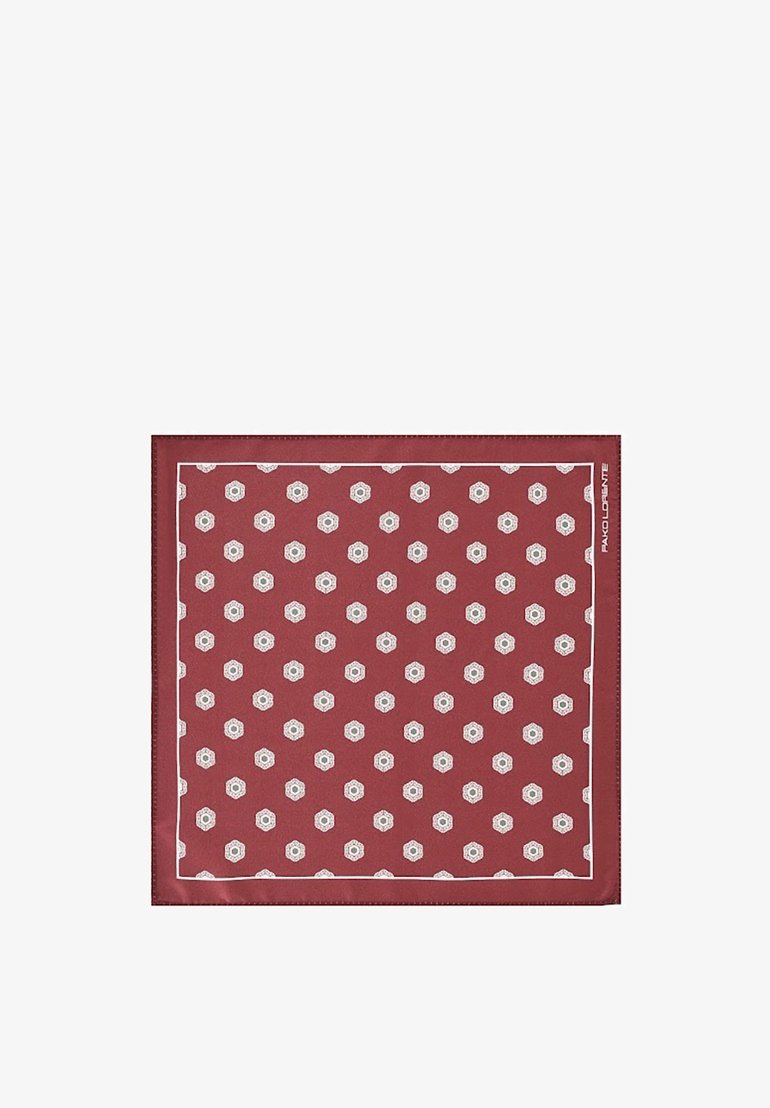 Jedwabna chusteczka, burgundowa z białym wzorem kwiatowym. Posiada białą obrębkę i ma kształt kwadratu z gładką teksturą.