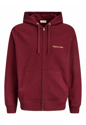 Felpa con zip color bordeaux realizzata in tessuto morbido, dotata di cappuccio, tasche frontali e dettaglio ricamato "Originals Studio" in oro.