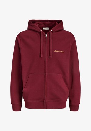 Burgunderfarget hettejakke med glidelås laget av mykt stoff, med hette, frontlommer og brodert "Originals Studio"-detalj i gull.