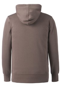 Felpa con cappuccio marrone, dal tessuto morbido, maniche lunghe e orlo a coste. Vista dal retro che mostra linee pulite e senza loghi o motivi visibili.
