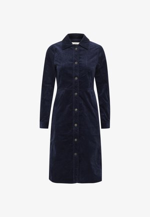 Granatowa sukienka koszulowa z sztruksu, z długimi rękawami, z przodem zapinanym na guziki, ostrym kołnierzykiem i prostą sylwetką. Ma złote guziki.