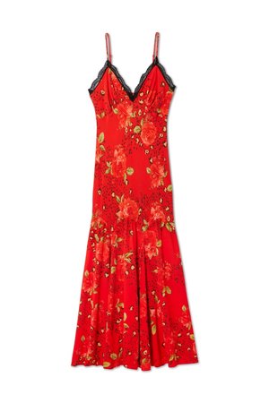 Red floral dress with black lace accents, fitted bodice, thin straps, and a flared skirt. Features green leaves and bold flower patterns.