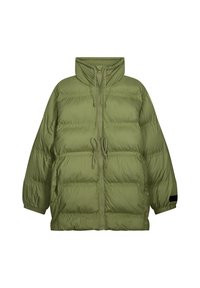 Olijfgroene gewatteerde jas met een hoge kraag, ritssluiting en trekkoordaccenten. Beschikt over doorgestikte delen en brede, omgeslagen mouwen.