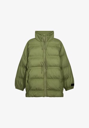Olive green puffer jacket with a high collar, zip closure, and drawstring accents. Features quilted sections and wide, cuffed sleeves.