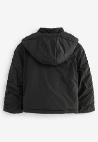 Schwarze Daunenjacke mit einem lässigen Schnitt, Kapuze und strukturiertem Oberflächenmaterial mit genähten Akzenten auf den Schultern und Bündchen.