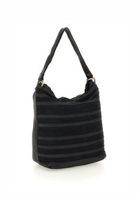 Borsa nera realizzata in tessuto strutturato con strisce orizzontali. Presenta un manico singolo e dettagli in metallo dorato. Forma tondeggiante.