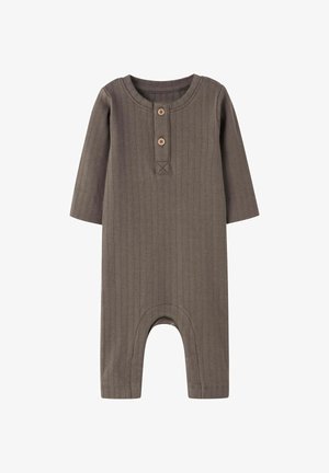 Brown ribbed one-piece suit with long sleeves, round neckline, two wooden buttons, and an open-bottom design for easy dressing.