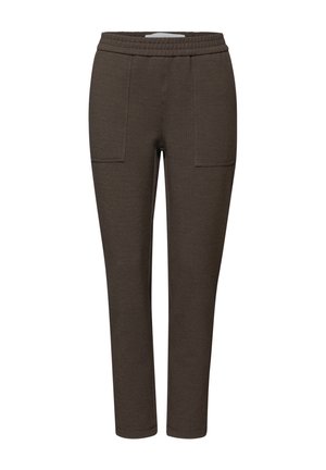 Braune, schmal geschnittene Strickhosen mit elastischem Bund und vorderen aufgesetzten Taschen, knöchellang.