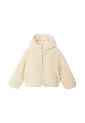 Cream-colored fluffy hooded jacket with front zipper and long sleeves.