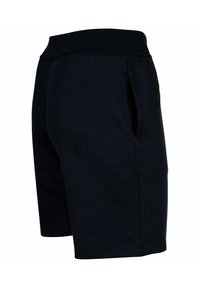 Zwarte shorts gemaakt van zacht materiaal, met een elastische tailleband en zijzakken. Het ontwerp is eenvoudig met een rechte snit en zonder zichtbare patronen.