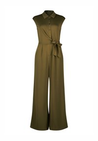 Olijfgroene jumpsuit met een kraag, knoopsluiting aan de voorkant, mouwloos ontwerp, ceintuur in de taille en wijd uitlopende pijpen. Zachte stoftextuur.