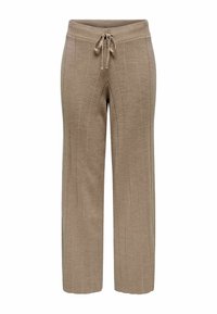 Pantalones de punto beige con un patrón de acanalado texturizado, piernas anchas y una cinturilla elástica que incluye un cordón para un ajuste regulable.