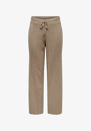 Pantaloni in maglia beige con un motivo a coste testurizzato, gambe larghe e una vita elastica con cordoncino per una vestibilità regolabile.