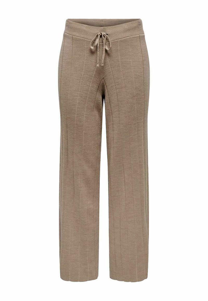 Pantalones de punto beige con un patrón de acanalado texturizado, piernas anchas y una cinturilla elástica que incluye un cordón para un ajuste regulable.
