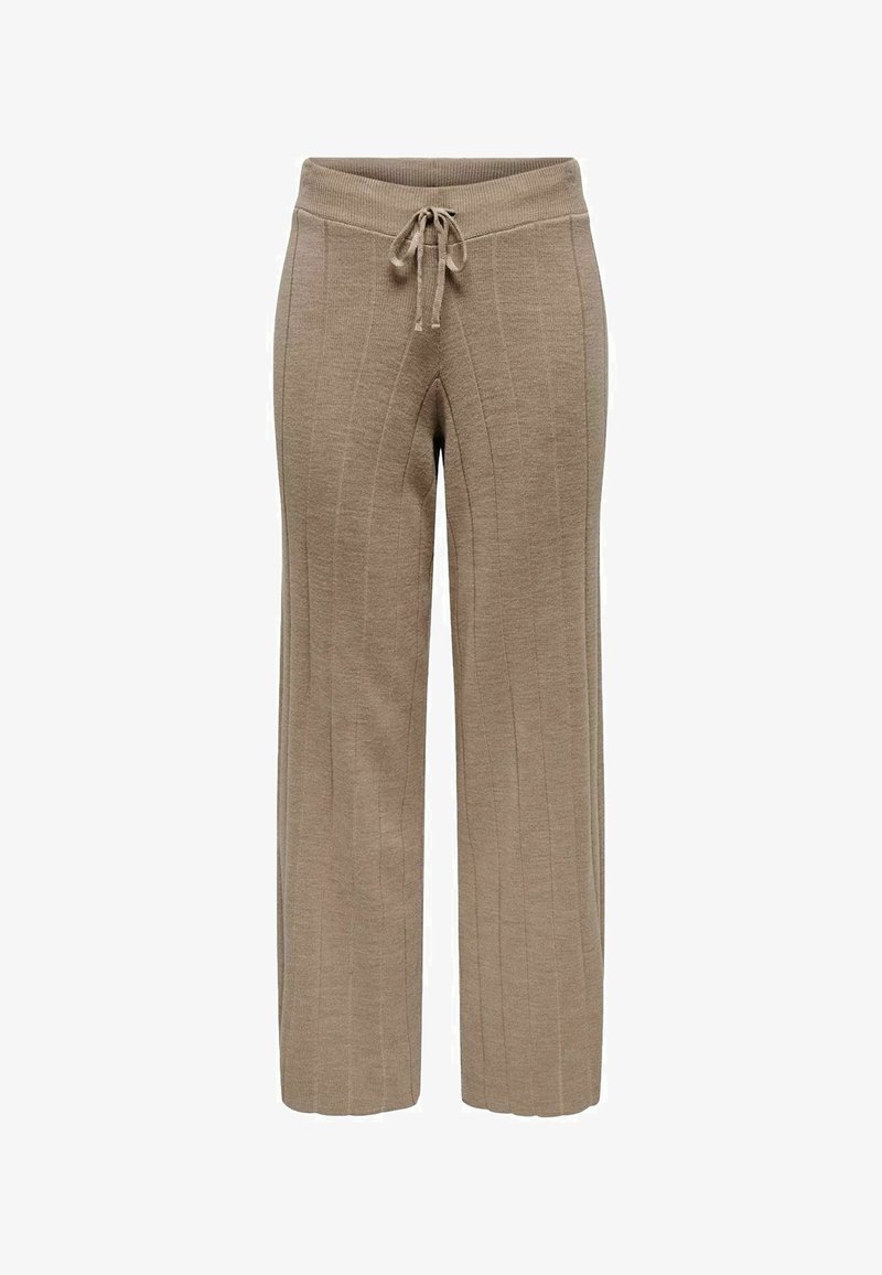 Pantalones de punto beige con un patrón de acanalado texturizado, piernas anchas y una cinturilla elástica que incluye un cordón para un ajuste regulable.