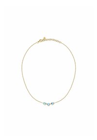 Collana in oro con tre accenti in pietre preziose azzurre, caratterizzata da un design delicato e una chiusura sicura a moschettone.