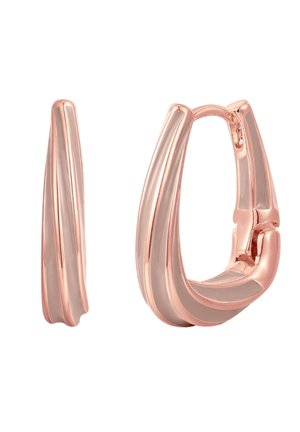 Boucles d'oreilles en or rose avec un design ondulé, présentant des surfaces lisses et texturées. Les boucles d'oreilles sont dotées d'une attache sécurisée et d'une forme courbée.
