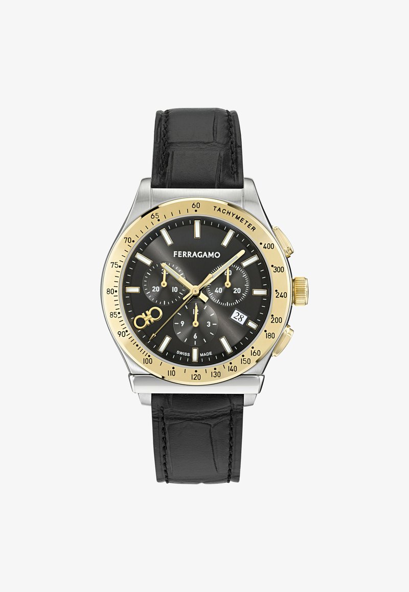 Chronografické hodinky Ferragamo s čiernym ciferníkom, zlatým tachymetrickým rámčekom, tromi subciferníkmi, dátumovým okienkom a čiernym koženým remienkom.