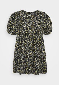 Black floral dress featuring yellow and white flowers. Puff sleeves, round neckline, and a flared skirt with gathered detailing.