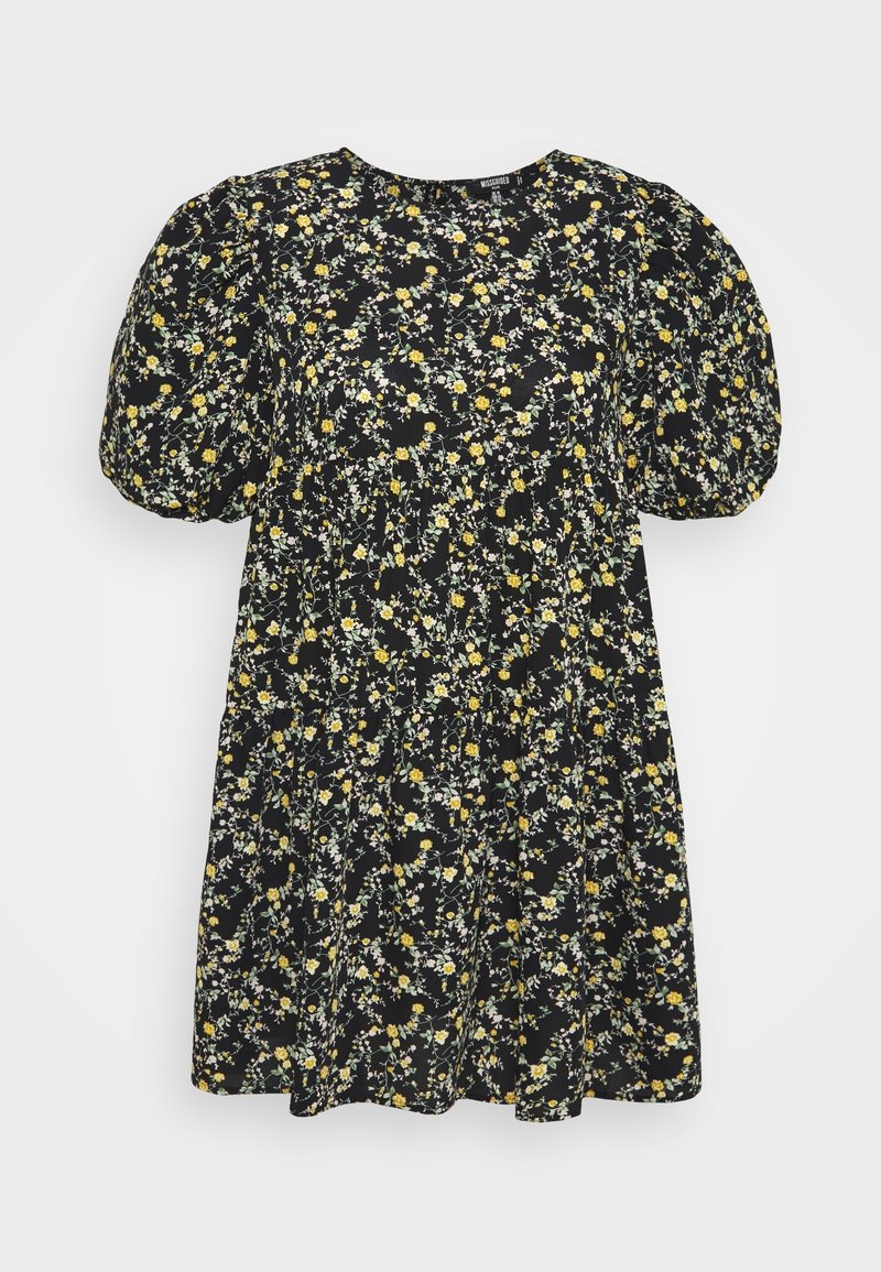 Black floral dress featuring yellow and white flowers. Puff sleeves, round neckline, and a flared skirt with gathered detailing.