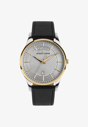 Runde Uhr mit einem silbernen strukturierten Zifferblatt, goldenen Akzenten und einem schwarzen Lederarmband. Verfügt über Datums- und Wochentagsanzeigen bei 6 und 12.