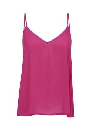Magenta top na ramiączkach bez rękawów z cienkimi spaghetti i subtelnym dekoltem w kształcie litery V wykończonym jasnoniebieskim obszyciem.
