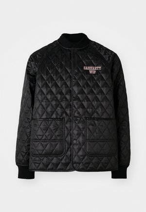 Black quilted jacket with ribbed collar and cuffs, featuring snap buttons and two front pockets. "Carhartt WIP" logo embroidered in red.