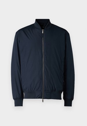 Veste bomber bleu marine avec une fermeture éclair à l'avant, un col et des poignets côtelés, et un tissu léger et lisse ; sans motifs ni accents visibles.