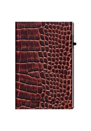 Brown textured wallet with a crocodile skin pattern, metallic edging, and logo embossed on the surface. Compact rectangular design.