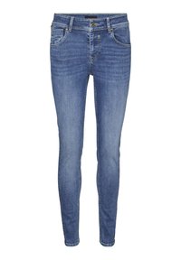 Jeans ajustados de mezclilla en color azul, con cinco bolsillos, trabillas para el cinturón y un ligero desgaste. La tela tiene una textura suave sin patrones visibles.